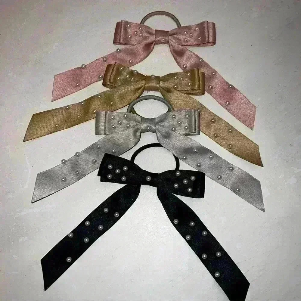 Elegant Satin Hair Bows with Pearls - Set of 4